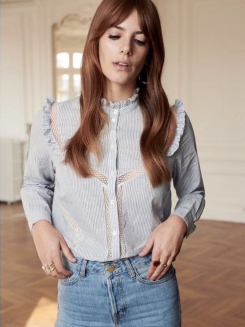 Cute $250 Sezane Blue White Stripe Lace Trim Ruffle Collar Shoulders Button Down - Picture 2 of 10